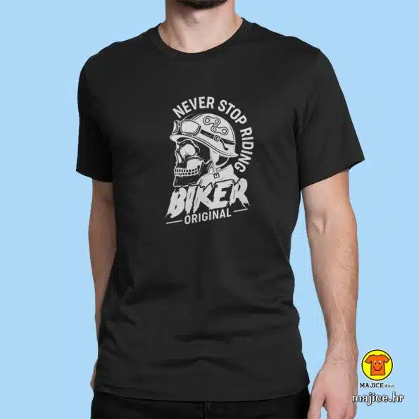 NEVER STOP RIDING BIKER ORIGINAL majica s natpisom crna