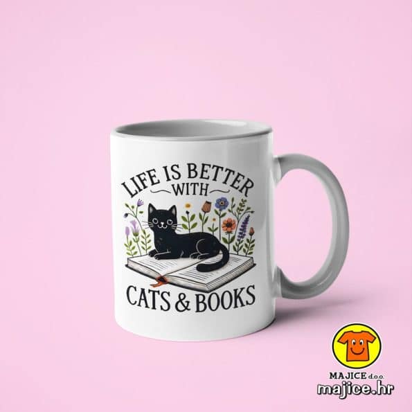 0398-LIFE IS BETTER WITH CATS AND BOOKS šalica s natpisom