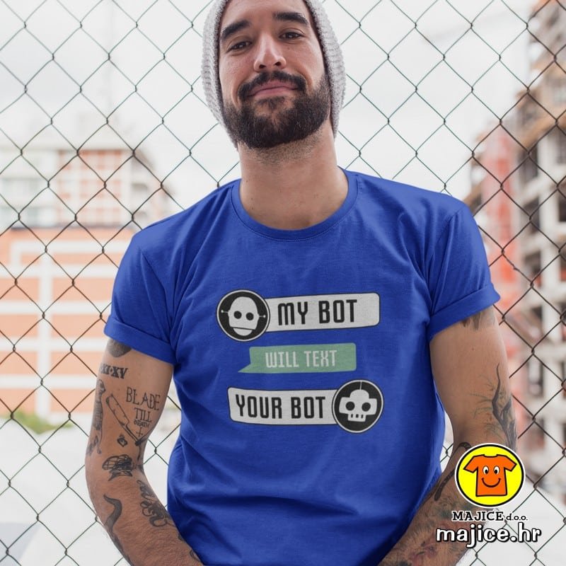 MY BOT WILL TEXT YOUR BOT majica s natpisom 00747 plava MY BOT WILL TEXT YOUR BOT | majica s natpisom plava